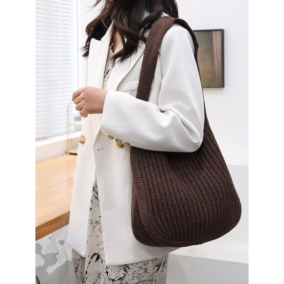 Women's Brown Shoulder Handbags Crocheted Bags Large Knit Bag Tote Bag - Picture 7 of 9